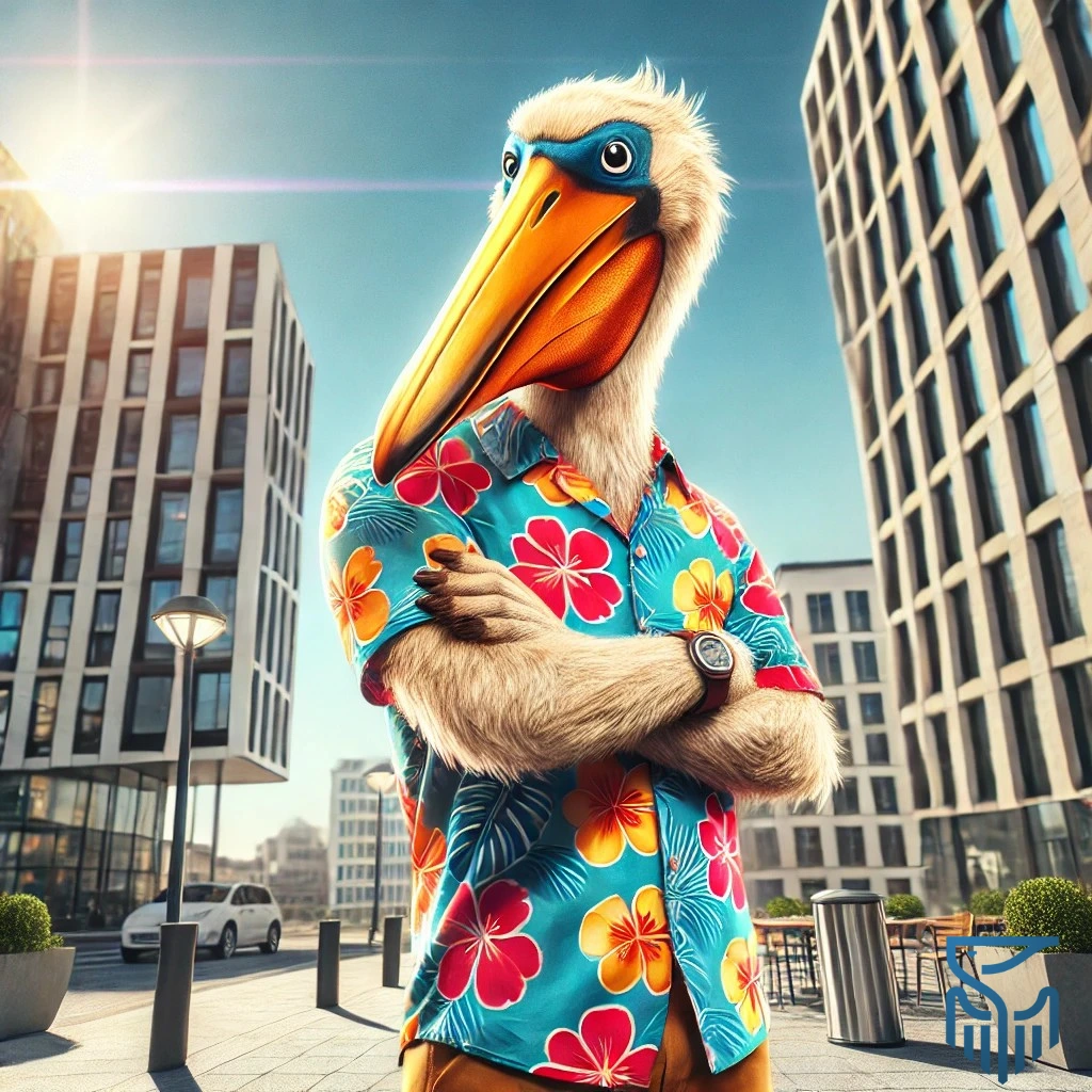 portrait of a pelican mascot wearing floral shirt posing in the city